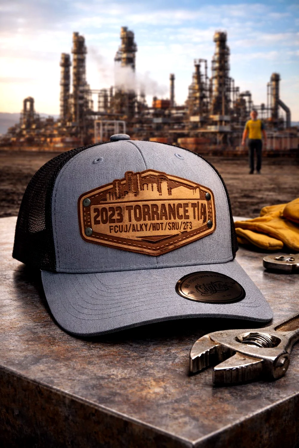 Leather patch cap for a refinery turnaround crew